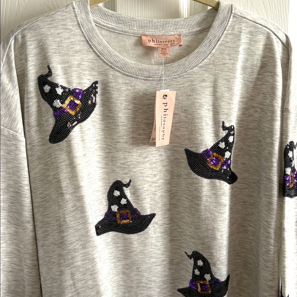 Philosophy Gray Long sleeve Top with Sequin purple and black witch hats 🧙♀️